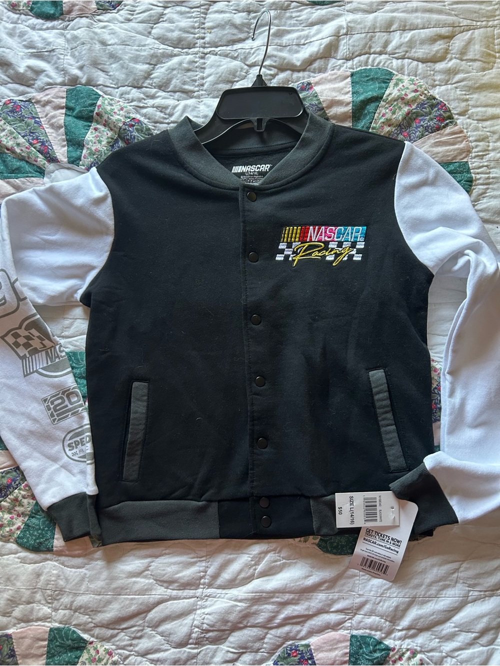 NASCAR Racing Car Varsity Jacket Snap Button Checkered Flag Youth Sz L(14/16)New